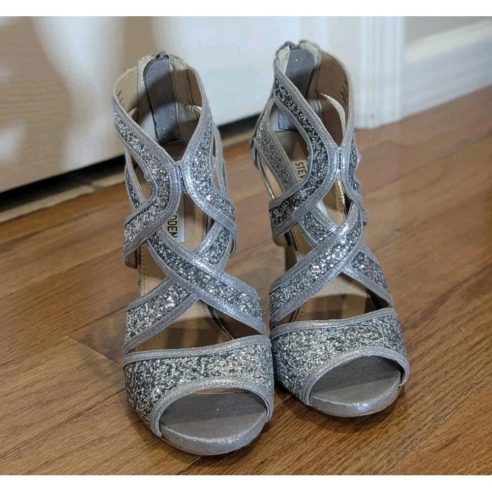Y2K Glam Steve Madden Immence Silver Glitter Caged Stiletto Heels 7